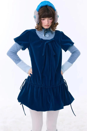 Deep Blue Velvet Bow Dress