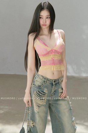 Deep V-Colorblock Lace Top