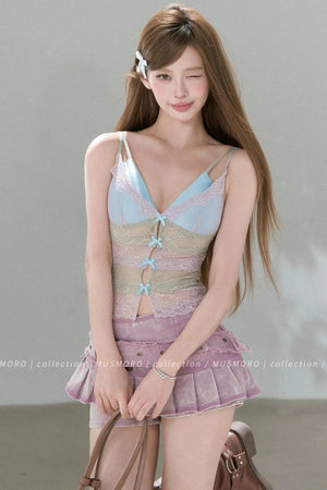 Deep V-Colorblock Lace Top