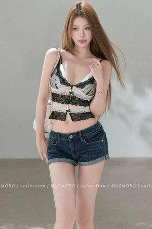 Deep V-Colorblock Lace Top