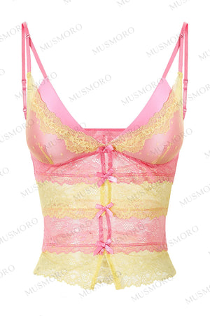Deep V-Colorblock Lace Top
