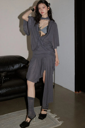 Deep V Neck Asymmetrical Gray Top Set-Up