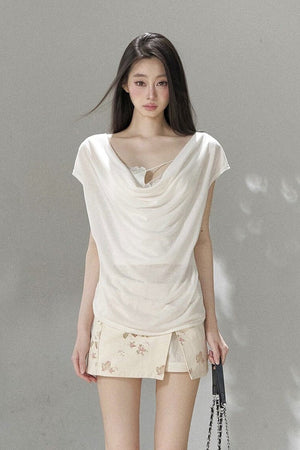 Deep V-Neck Short-Sleeve Ramie Top and Camisole Set