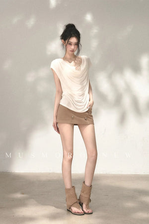 Deep V-Neck Short-Sleeve Ramie Top and Camisole Set
