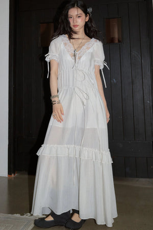 Deep V Striped Lace Tie Dress