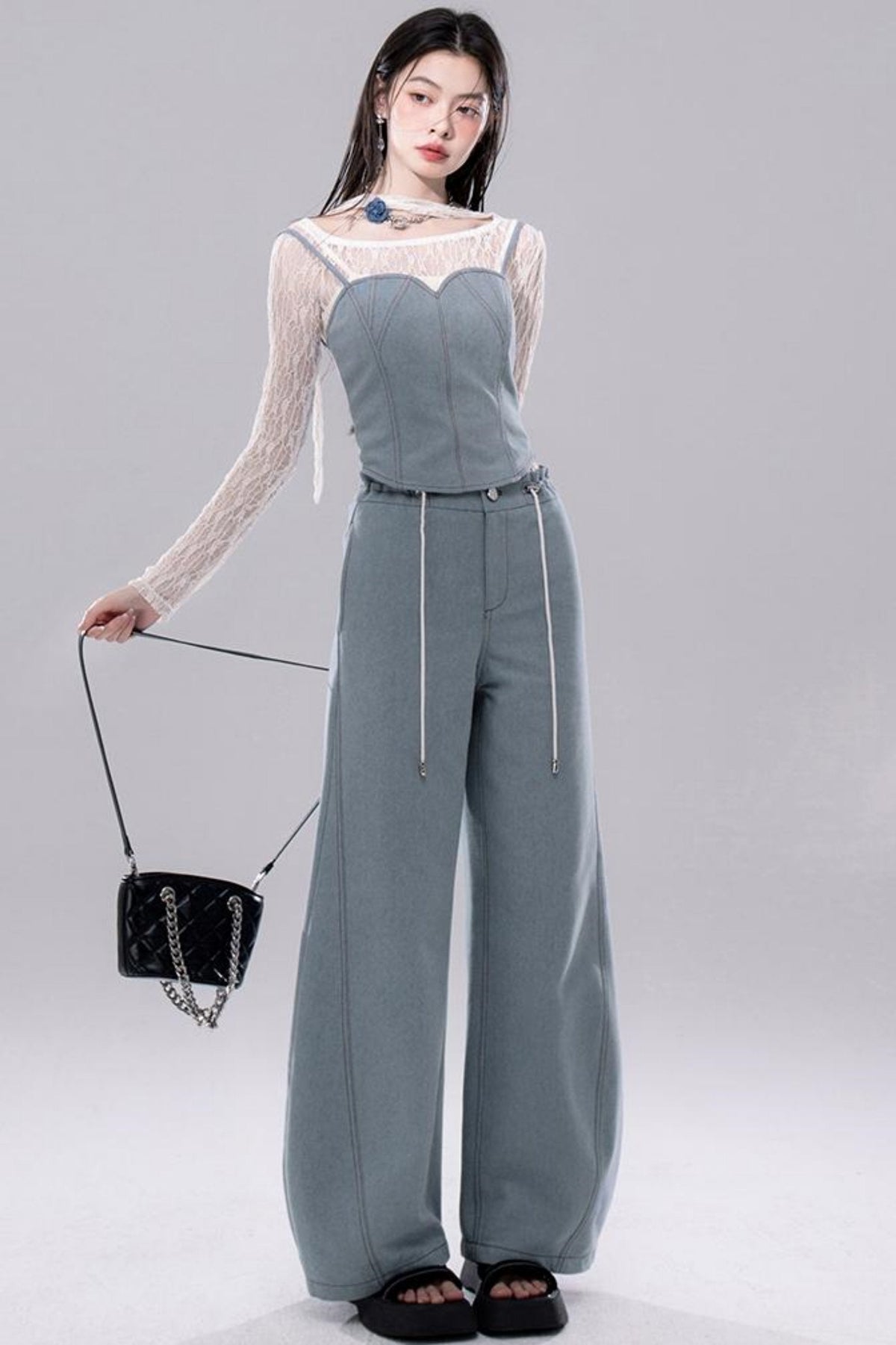 Denim Fusion Lace Suspenders Vest & Sickle Pants Set