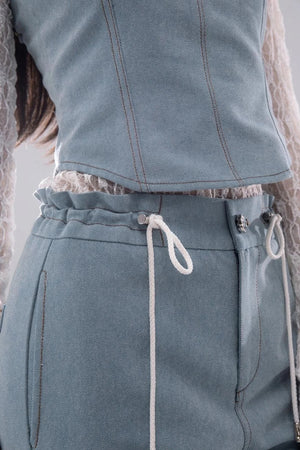 Denim Fusion Lace Suspenders Vest & Sickle Pants Set