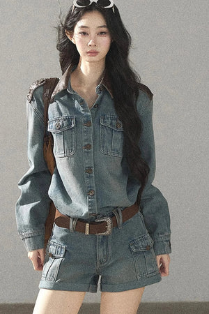 Denim Jacket Shirt And Cargo Shorts Set-Up