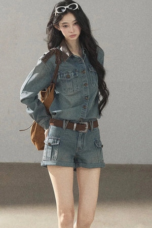Denim Jacket Shirt And Cargo Shorts Set-Up