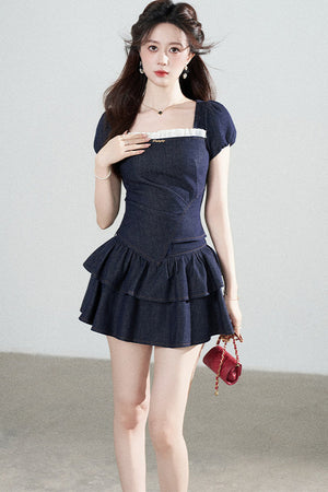 Denim Puff Sleeve Top And Skirt Set