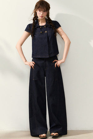 Denim Short-Sleeved Shirt and Wide-Leg Pants Set