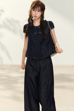 Denim Short-Sleeved Shirt and Wide-Leg Pants Set