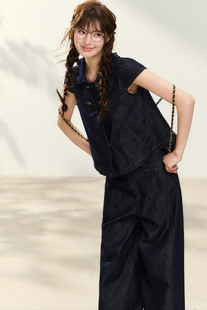 Denim Short-Sleeved Shirt and Wide-Leg Pants Set