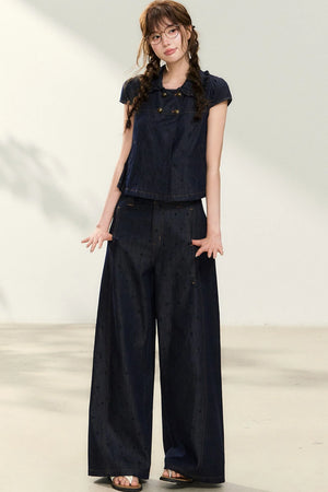 Denim Short-Sleeved Shirt and Wide-Leg Pants Set