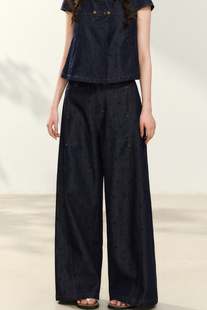 Denim Short-Sleeved Shirt and Wide-Leg Pants Set