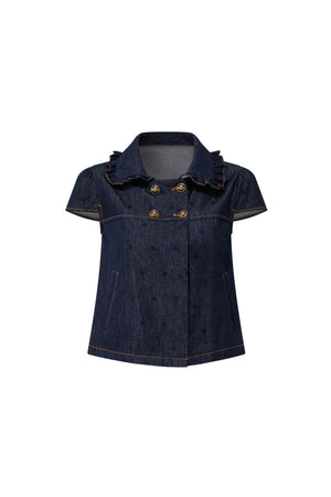 Denim Short-Sleeved Shirt and Wide-Leg Pants Set