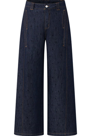 Denim Short-Sleeved Shirt and Wide-Leg Pants Set
