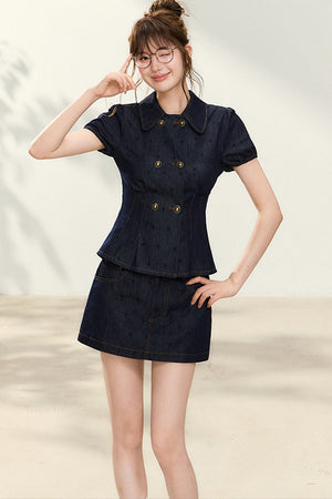 Denim Short-Sleeved Top and A-Line Skirt Set