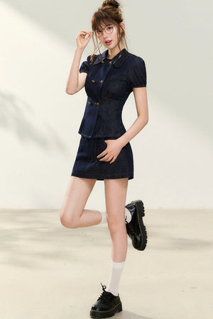 Denim Short-Sleeved Top and A-Line Skirt Set