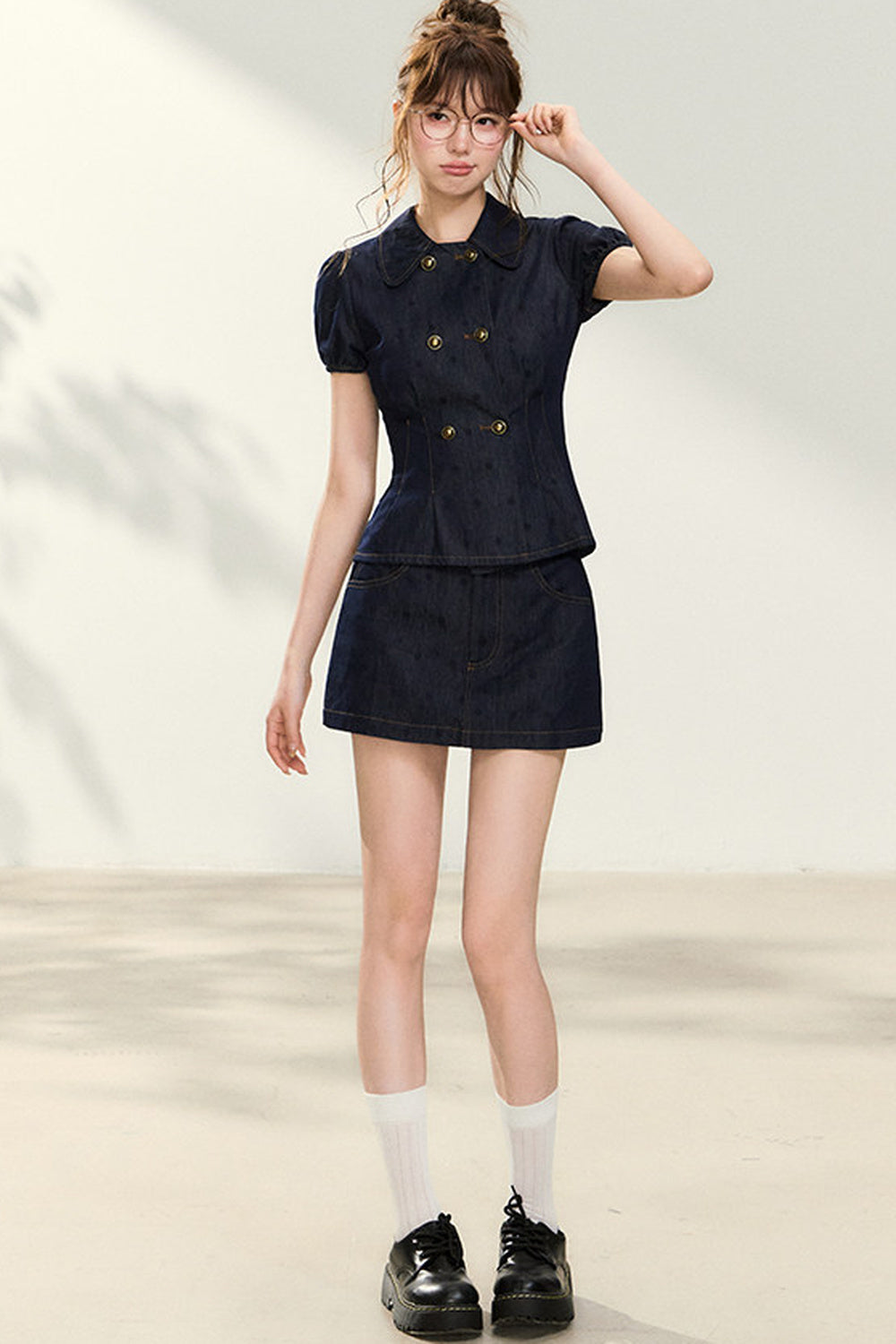 Denim Short-Sleeved Top and A-Line Skirt Set
