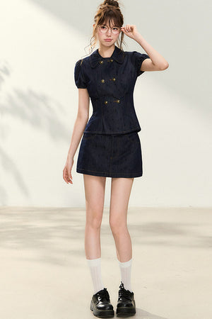 Denim Short-Sleeved Top and A-Line Skirt Set