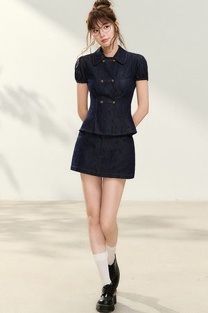 Denim Short-Sleeved Top and A-Line Skirt Set