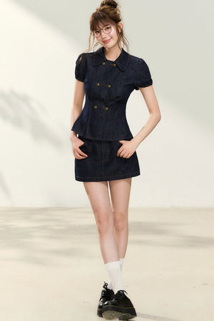 Denim Short-Sleeved Top and A-Line Skirt Set