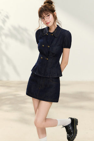 Denim Short-Sleeved Top and A-Line Skirt Set