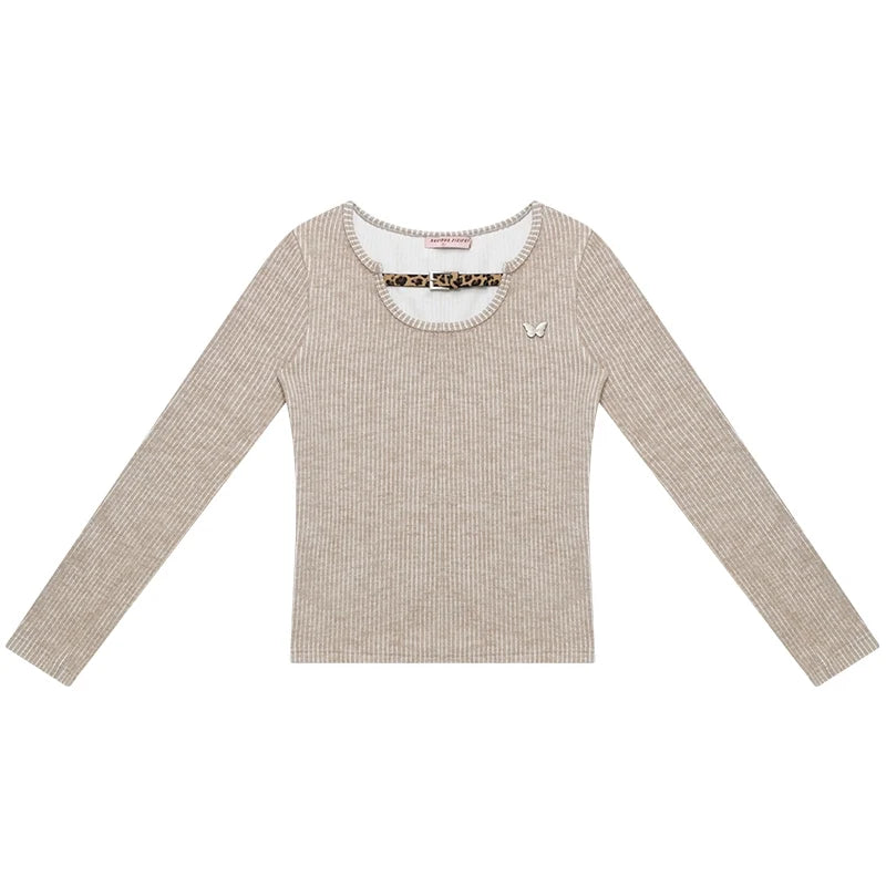 Design Leopard Print Long Sleeve Knit Shirt