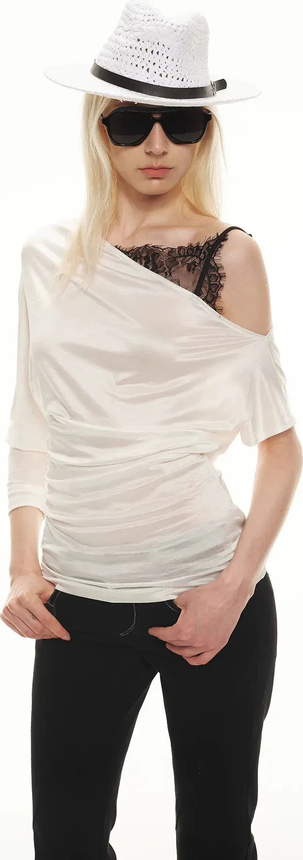 Satin Off-Shoulder Lace Trim T-Shirt
