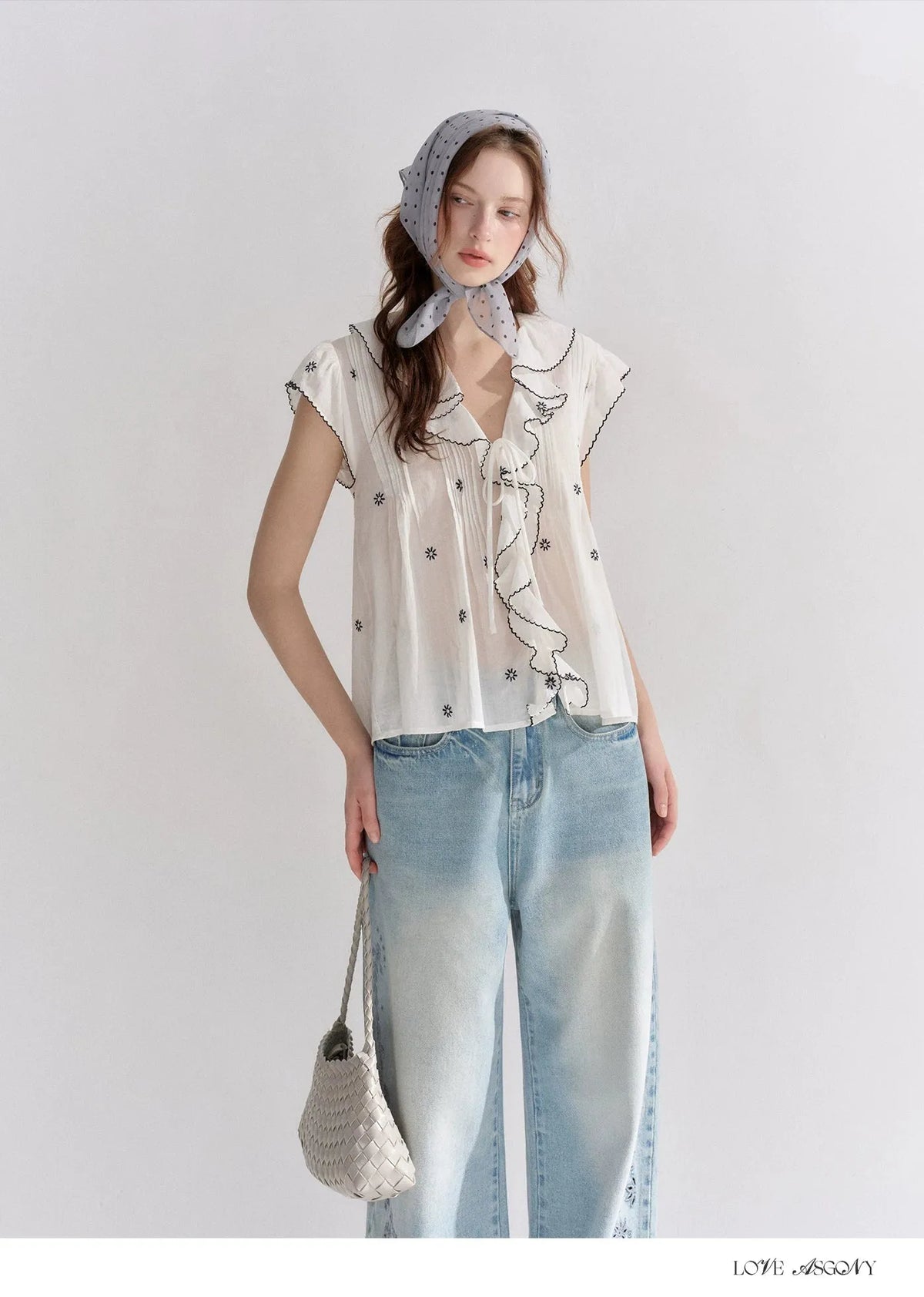 Cotton-Feel Embroidered Ruffle Sleeve Blouse