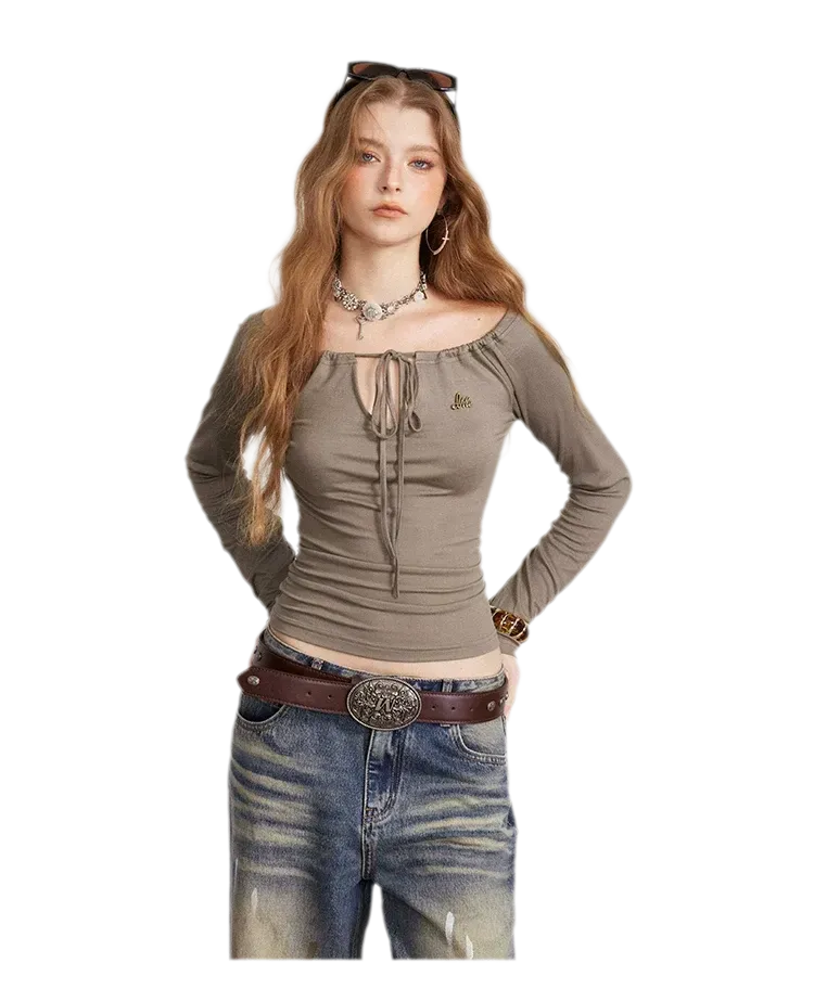 Drawstring Off-Shoulder Long-Sleeve Top