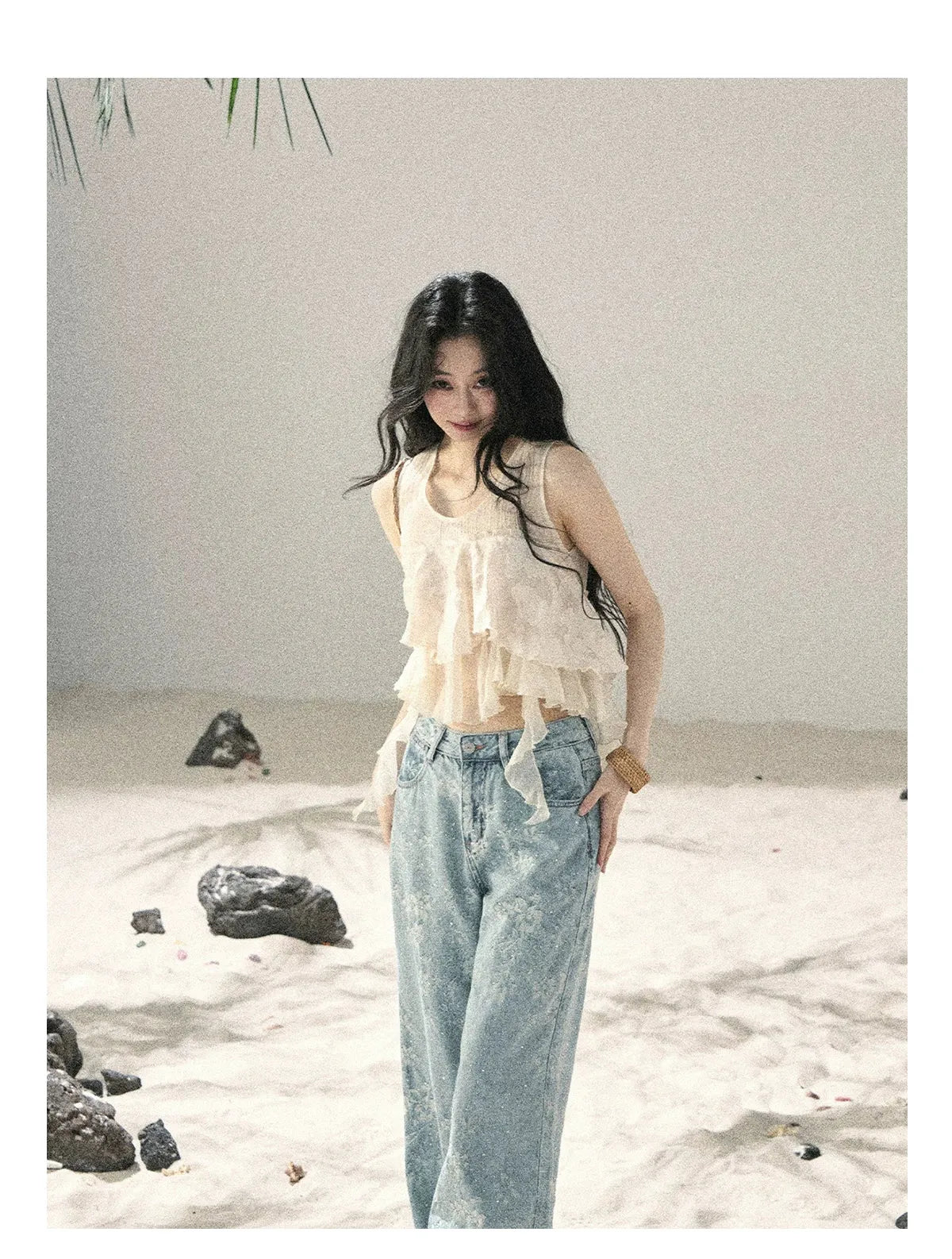 American Style Rhinestone Floral Denim Pants