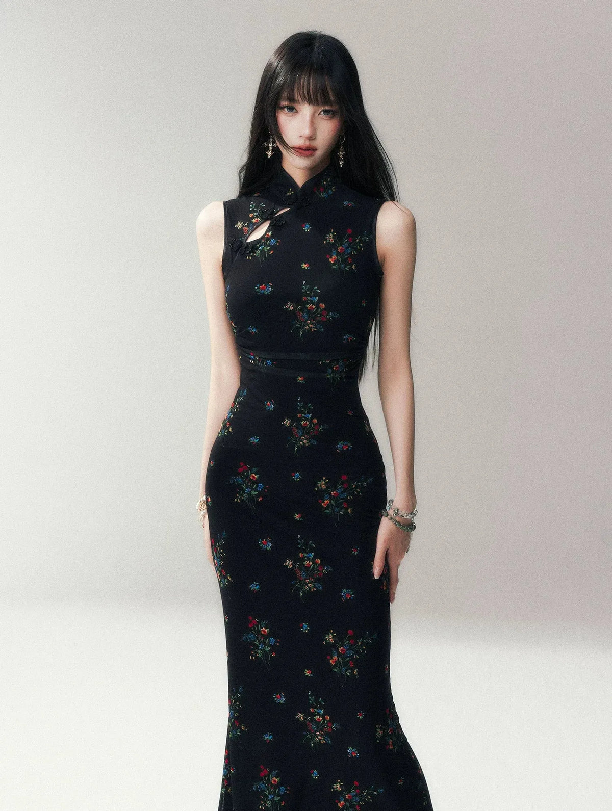 Dark Floral Mesh Qipao Dress