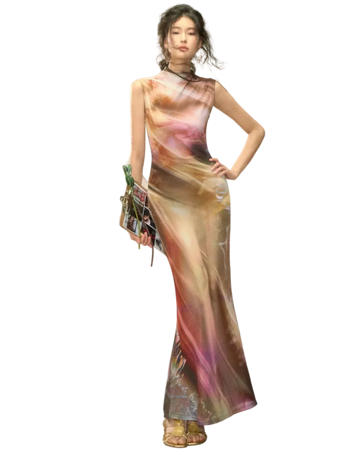 'Poppy' Golden Halo Print Knitted Qipao Dress