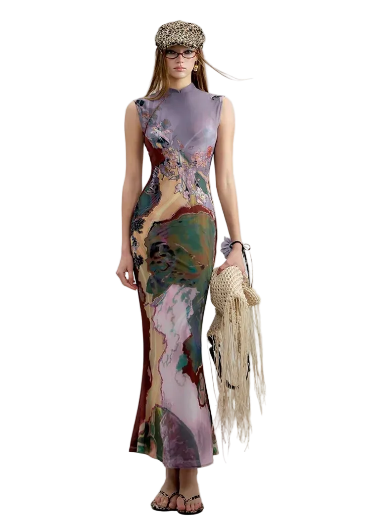 Tri-color Reversible Printed Qipao Dress