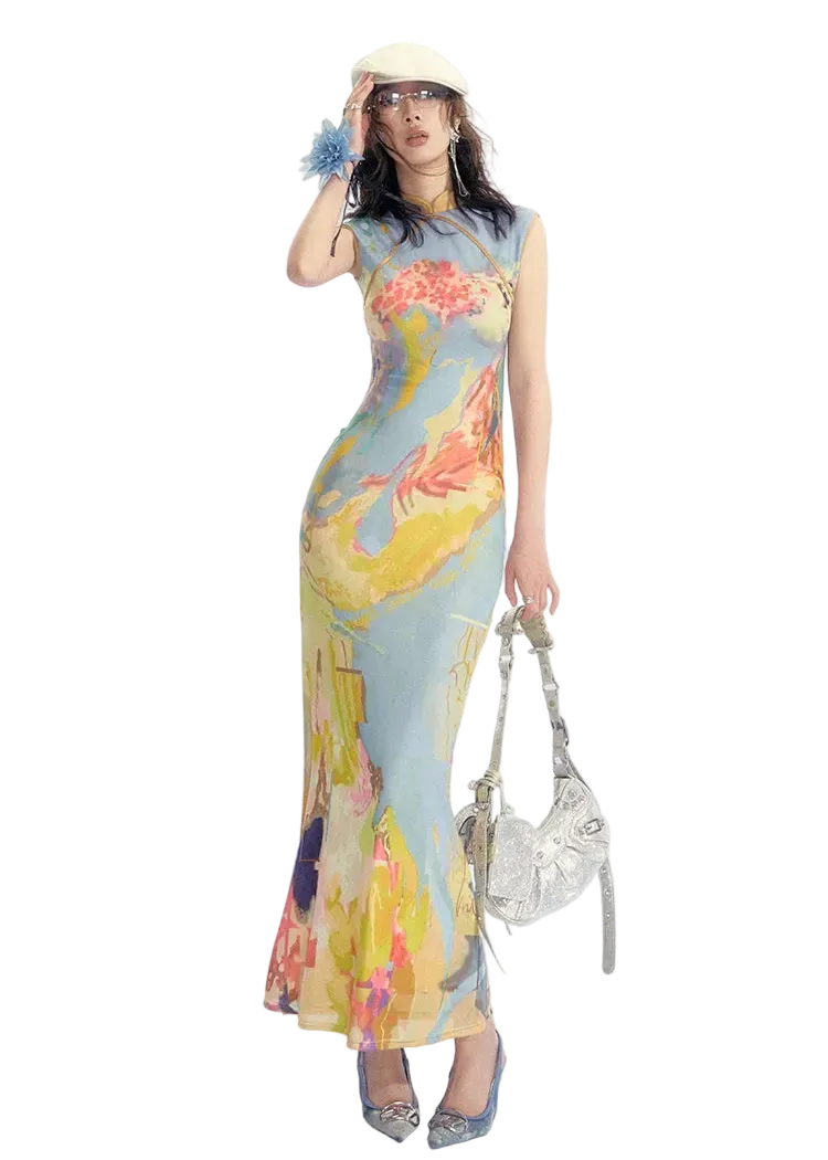 Roman Poem Printed Sleeveless Qipao Dress