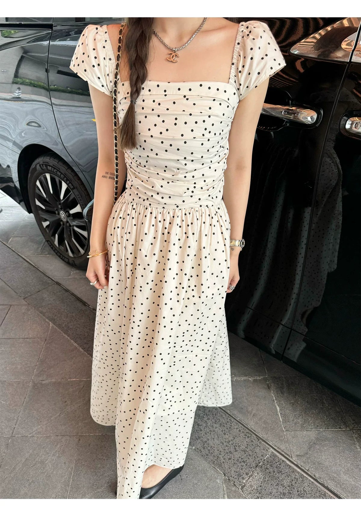 Polka-Dot Flutter-Sleeve Maxi Dress
