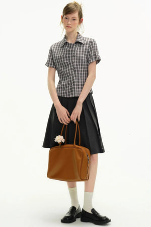 Diagonal Placket Plaid Blouse