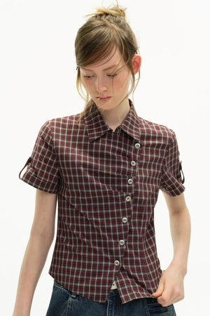 Diagonal Placket Plaid Blouse