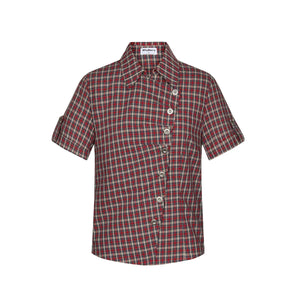 Diagonal Placket Plaid Blouse