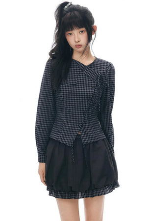 Diagonal Plaid Shirt and Floral Skirt Set-Up