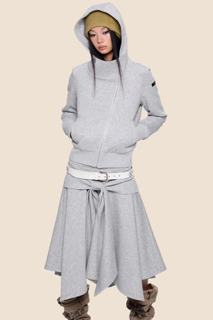 Diagonal Zipper Hooded Jacket Set-Up