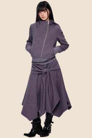 Diagonal Zipper Hooded Jacket Set-Up