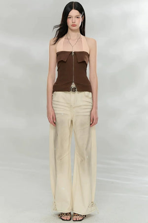 Distressed Bow-Tie Strap Jeans