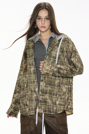Distressed Green Plaid Shirt Jacket