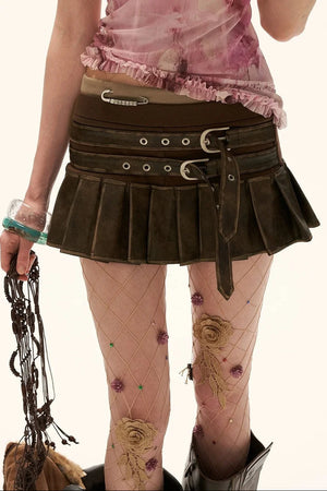 Distressed Pleated Mini Skirt