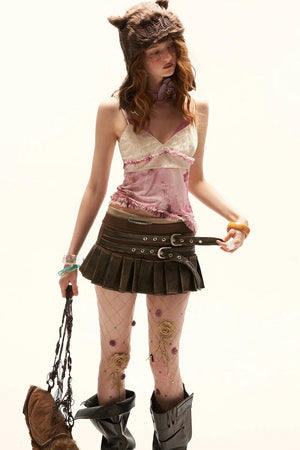 Distressed Pleated Mini Skirt