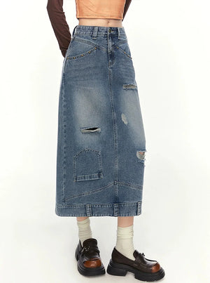Distressed ripped denim skirt