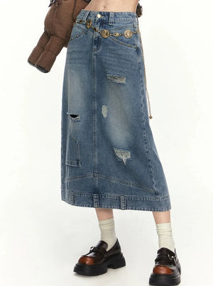 Distressed ripped denim skirt